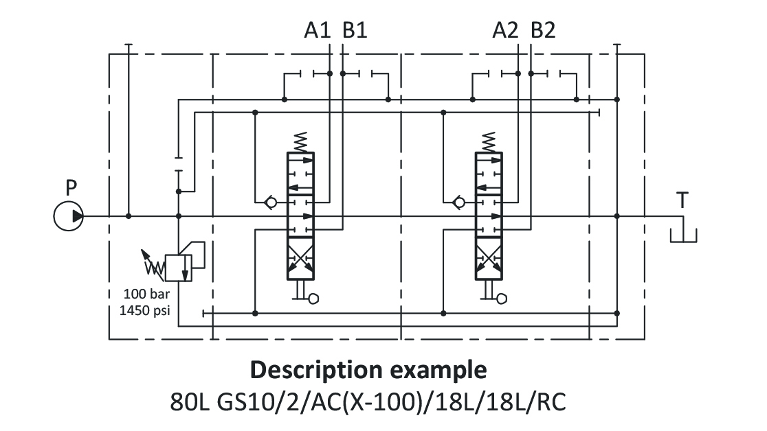 Гидравлическая схема распределителя GMS 80L-20GS10-2-AC(X-100)-18L-18L-RC